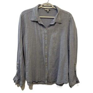 Orvis XL Women Button Up Shirt Blue Linen Rayon Blend Long Sleeve Adult Woven